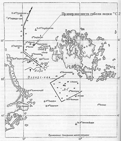 Позиции советских подлодок в проливе Южный Кваркен.